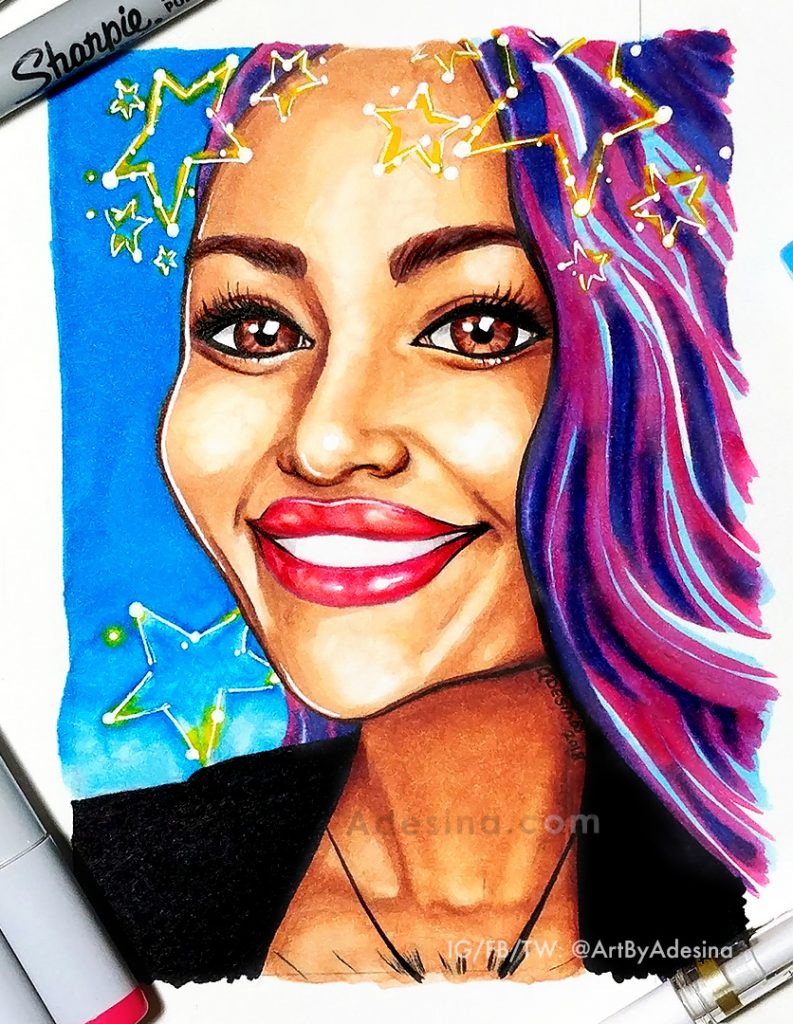 Image of a portrait drawn with copic markers by Adesina