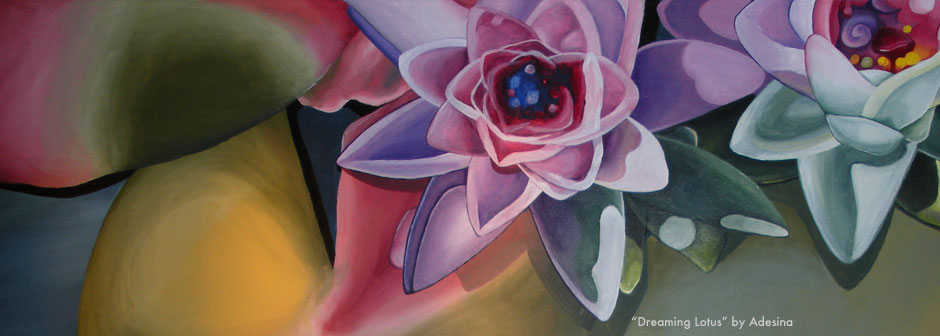 Detail view of mural of lotus flowers by artist Adesina