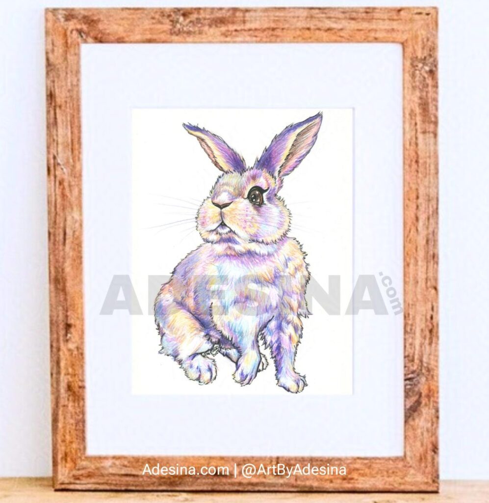 Framed drawing of a rabbit by Artist Adesina Sanchez