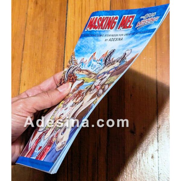 Photo of open side of Masking Mel Goes Missing Comic Book by Adesina