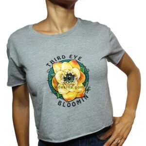 photo of Artist Adesina's Third Eye Bloomin custom hand painted tee shirt, modeled by Adesina herself.